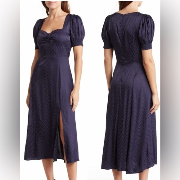 Maisie Navy Blue Morton Chevron Puff Sleeve Satin Silky Midi Dress XL - Picture 1 of 9